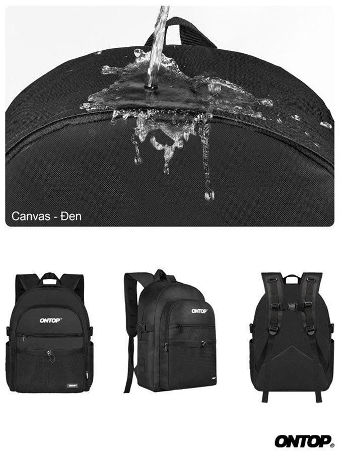Black backpack with water splashing on it, followed by three views of the same backpack.