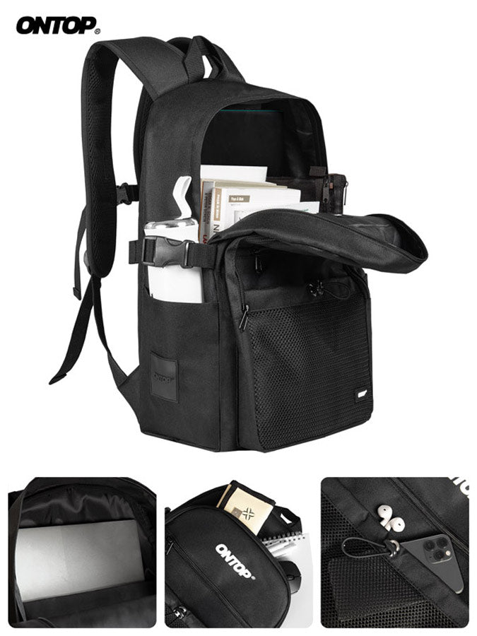 Black backpack with multiple compartments and a visible brand logo on a white background.