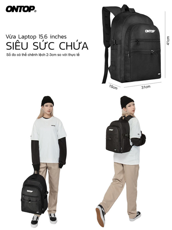 Black backpack with measurement details and a person wearing it, featuring the brand 'ONTOP'.