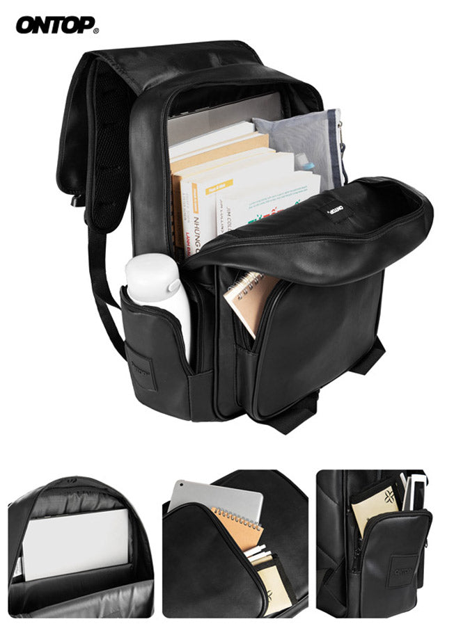 Black backpack with compartments and ONTOP branding on a white background