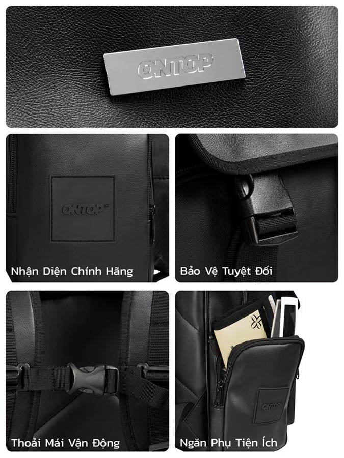 Collage of a black backpack with visible brand logo and features.