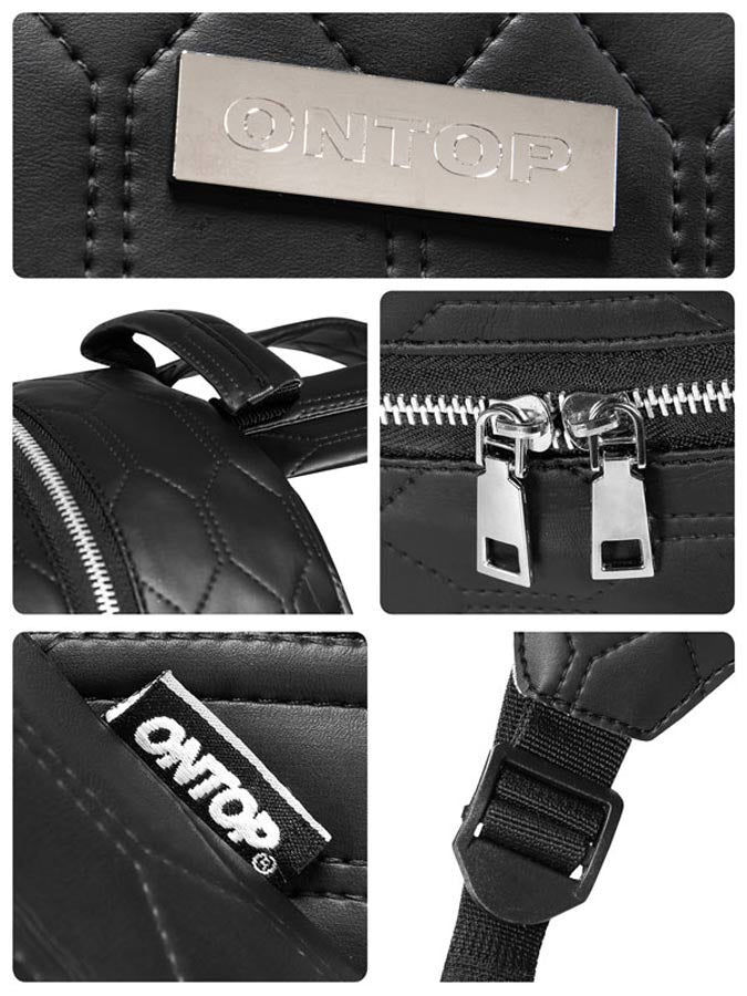 Collage of a black bag with visible branding and features