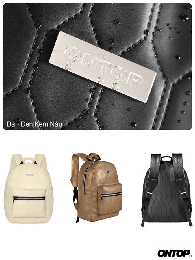 ONTOP backpacks in beige, brown, and black with a close-up of the brand logo on textured fabric.