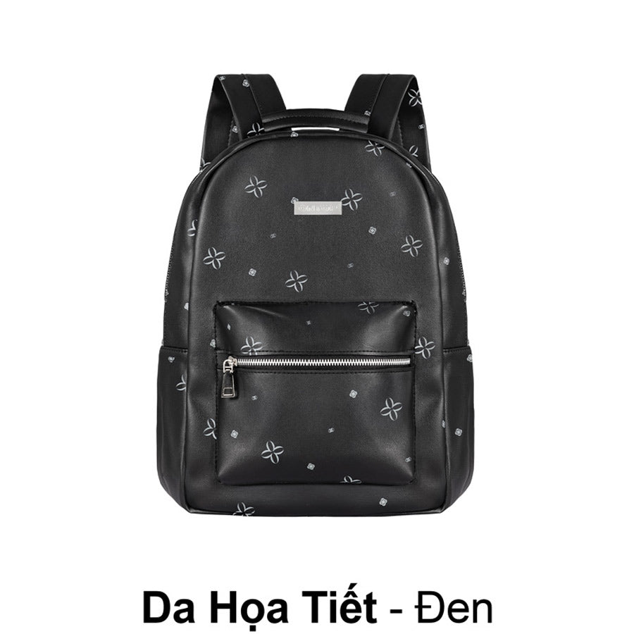 Black backpack with star patterns on a white background