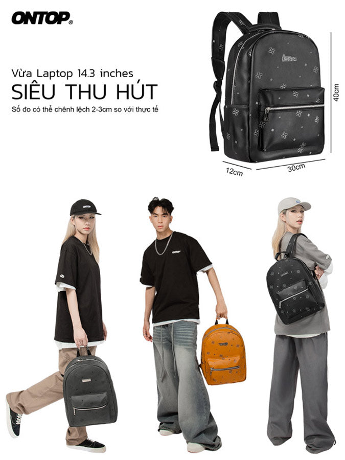 Black backpack with measurement details and people holding it, featuring the brand 'ONTOP'.