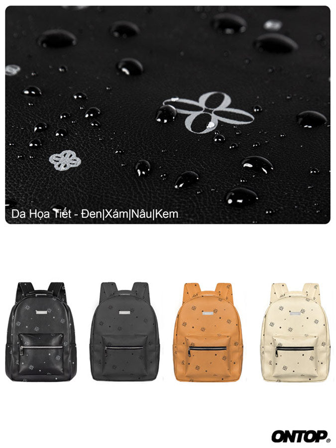 Four backpacks in black, gray, orange, and beige with a brand logo on a water droplet background.