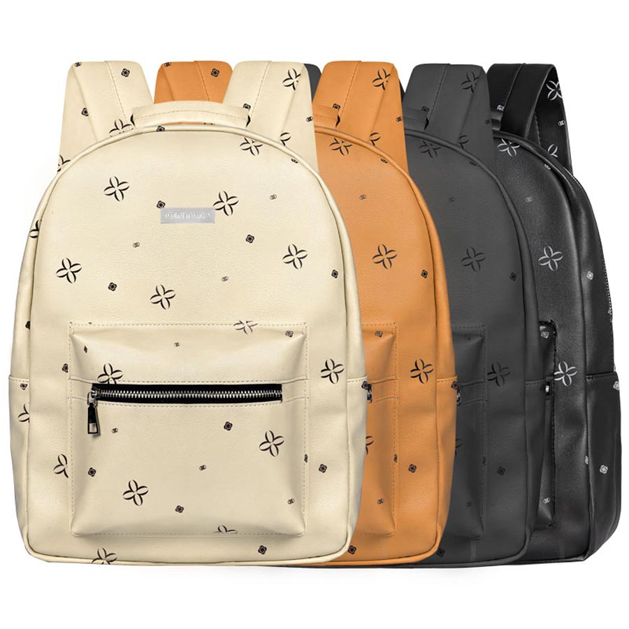 Set of four backpacks in beige, orange, gray, and black with star patterns on a white background.