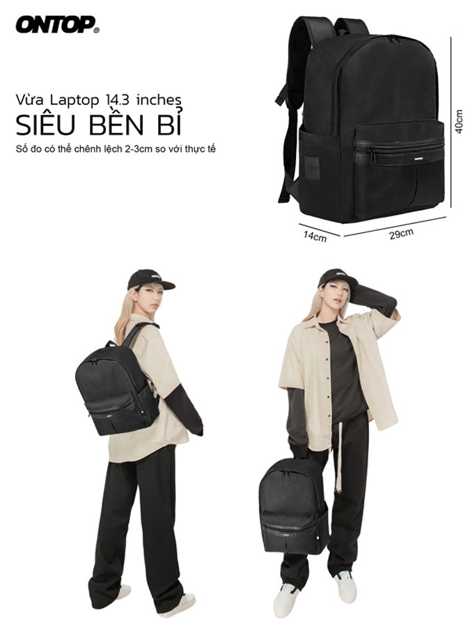 Black backpack with measurements and a person wearing it, featuring the brand 'ONTOP'.