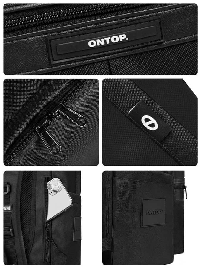 Black bag with 'ONTOP' branding, showing various angles and features.