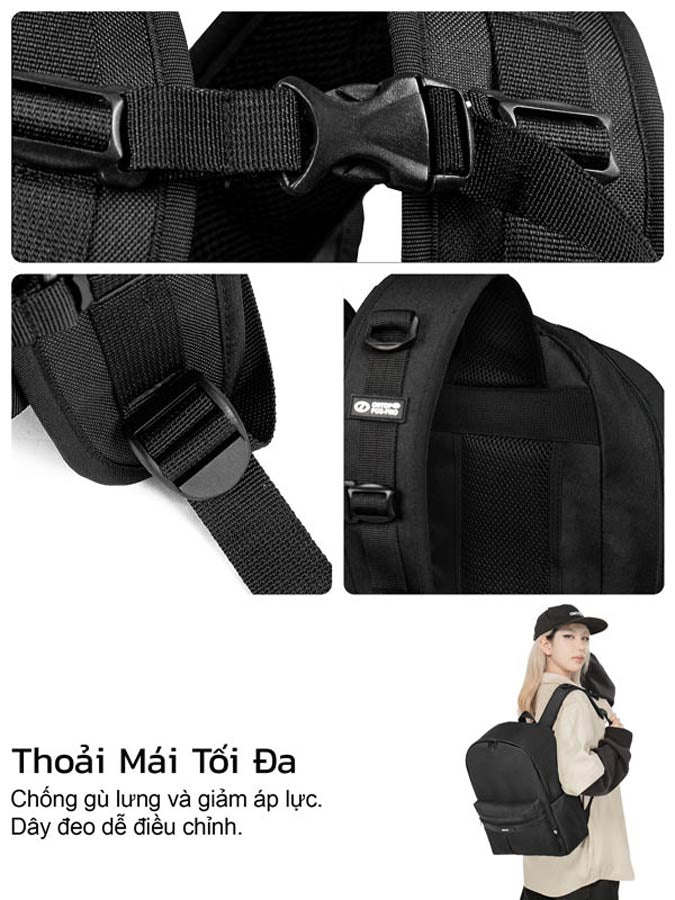 Black backpack with adjustable straps and a person wearing it, on a white background.