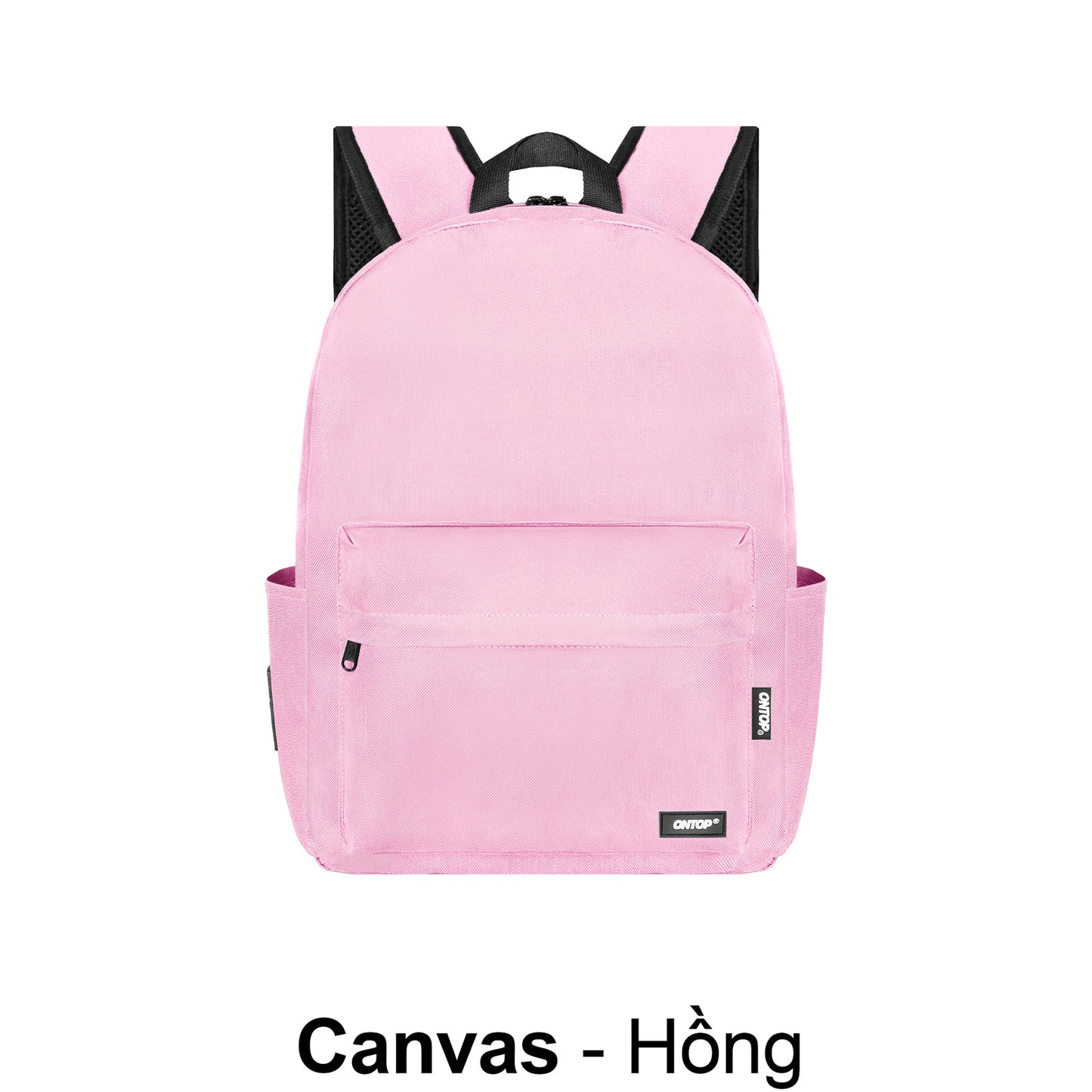 Pink backpack with black accents on a white background