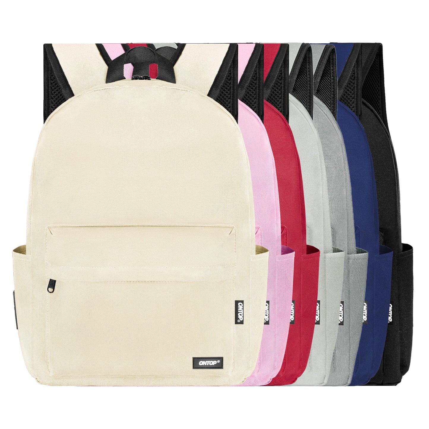 Beige backpack with a row of color options on a white background