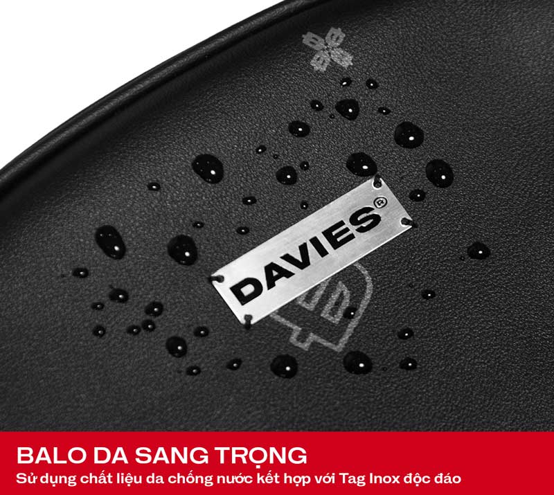 Davies bag with water-resistant feature and brand logo on a black background