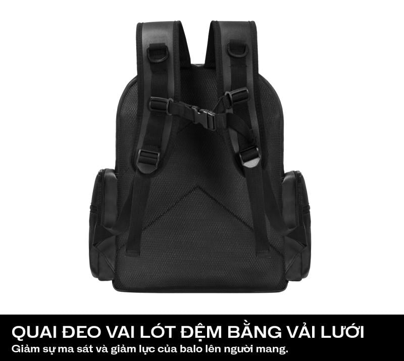 Black backpack with shoulder straps on a white background