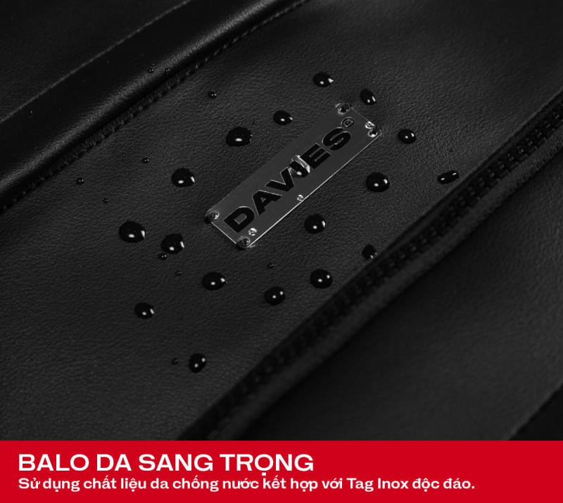 Black leather bag with 'DAVIES' branding and water-resistant feature.