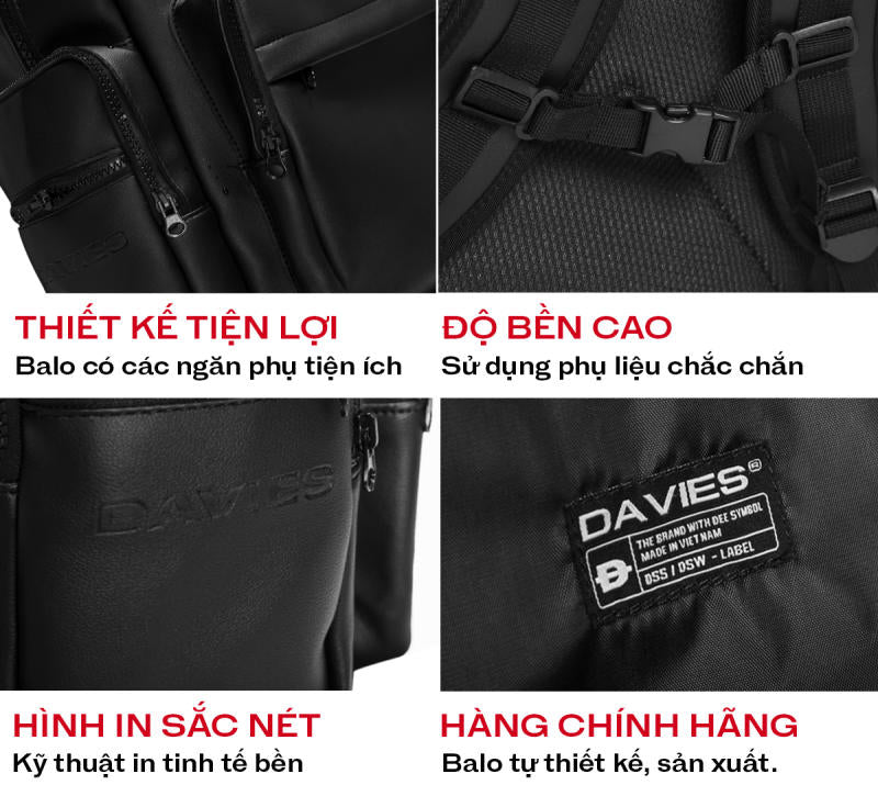 Black backpack with visible brand logo and text in Vietnamese describing features.