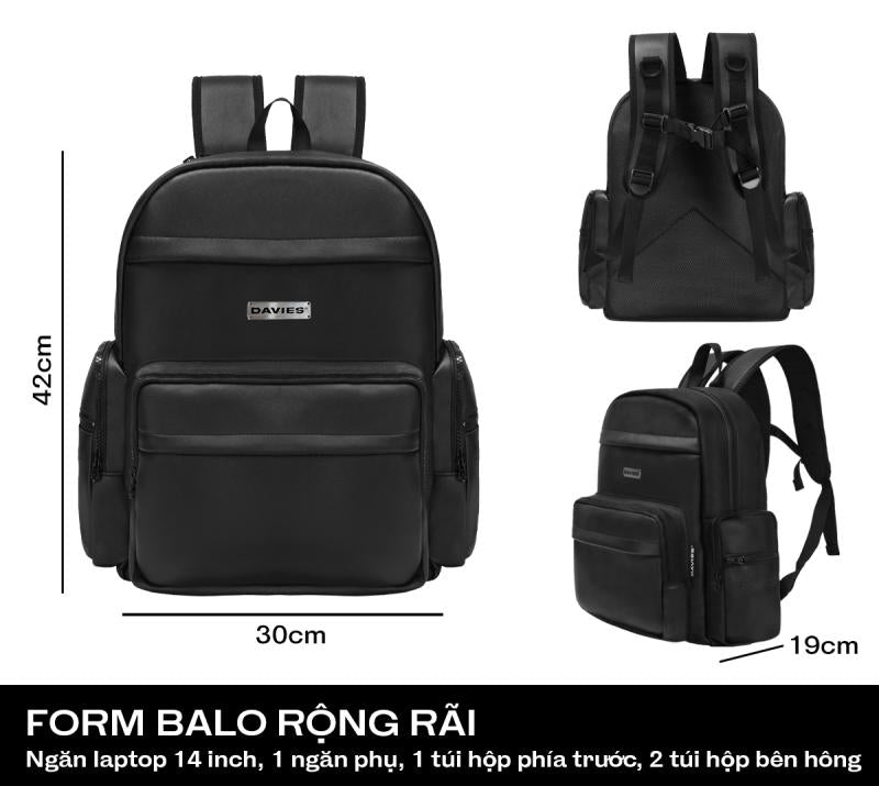 Black backpack with dimensions and features on a white background