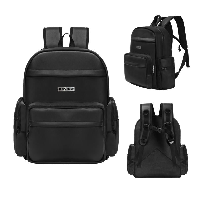 Black backpack with multiple angles on a white background
