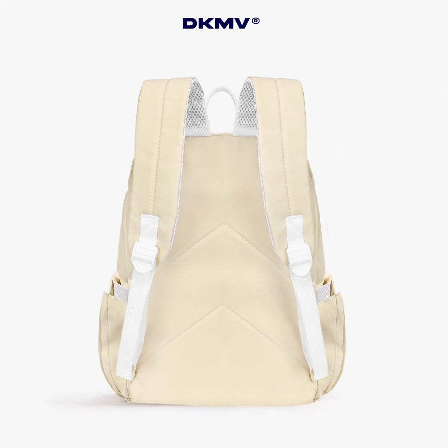 Beige backpack with white straps on a white background, featuring the DKMV brand.