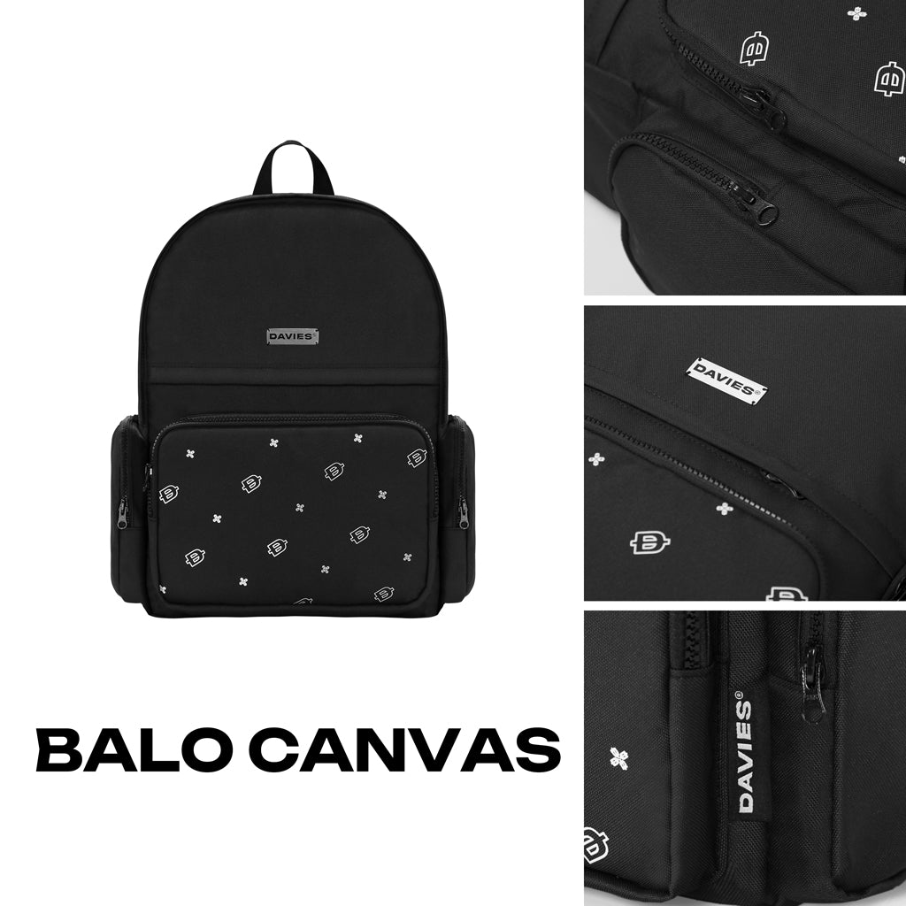Black backpack with patterned design and visible brand logo on a white background