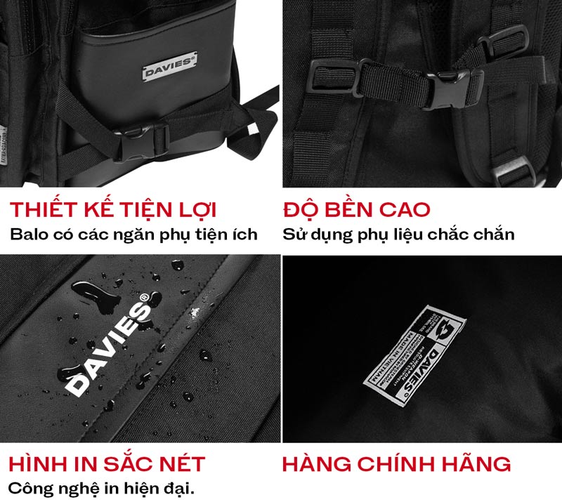 Black backpack with Davies branding, showing various features and quality details.