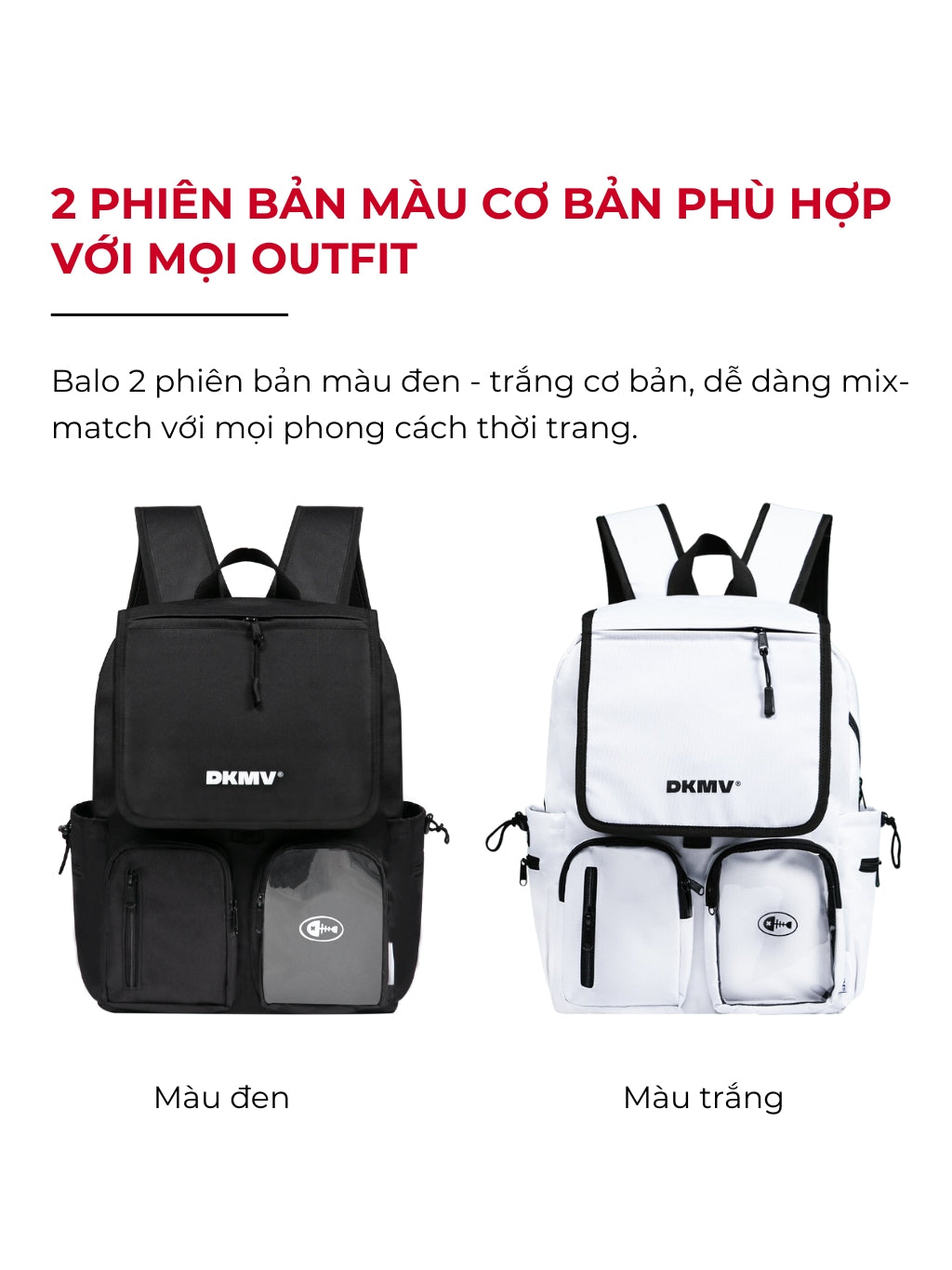 Two backpacks, one black and one white, with DKMV branding on a white background.