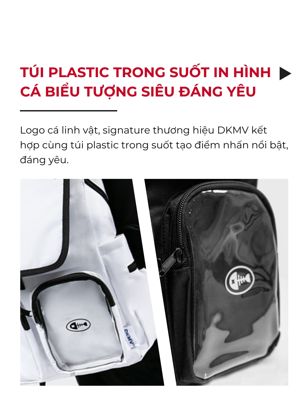 Transparent plastic bag with printed images and DKMV logo on a white background