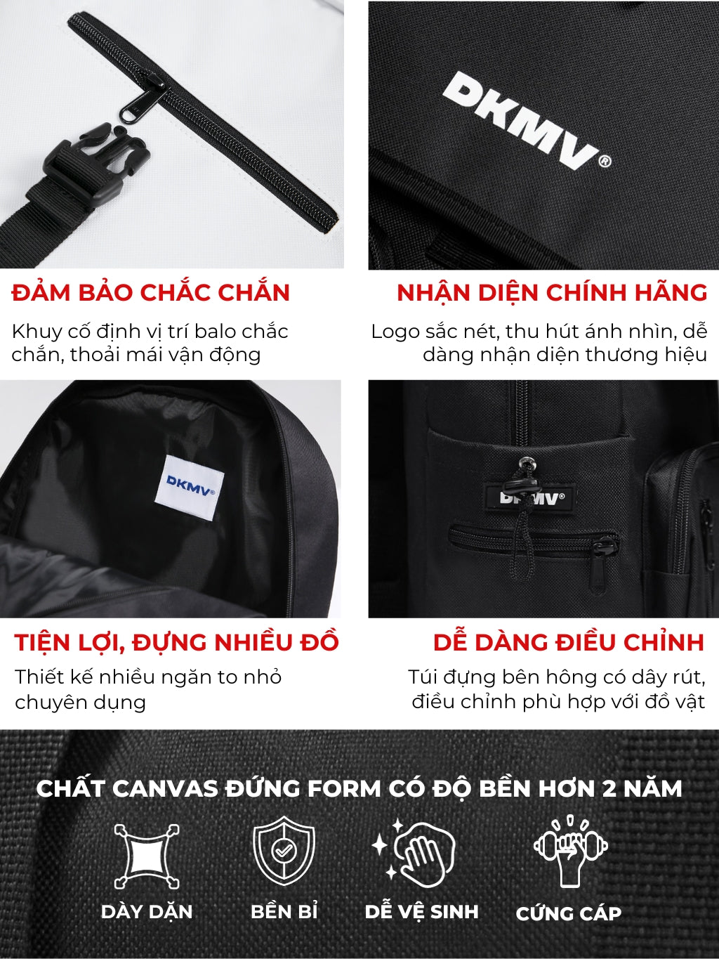 Black bag with DKMV branding and features listed on a black background
