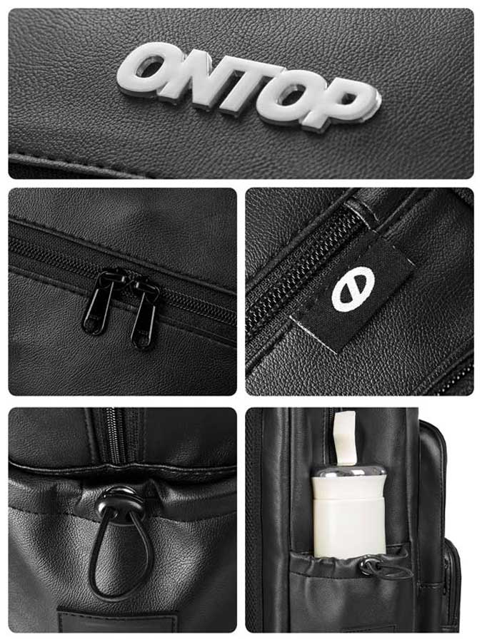 Collage of a black bag with 'ONTOP' branding, zippers, and a compartment.