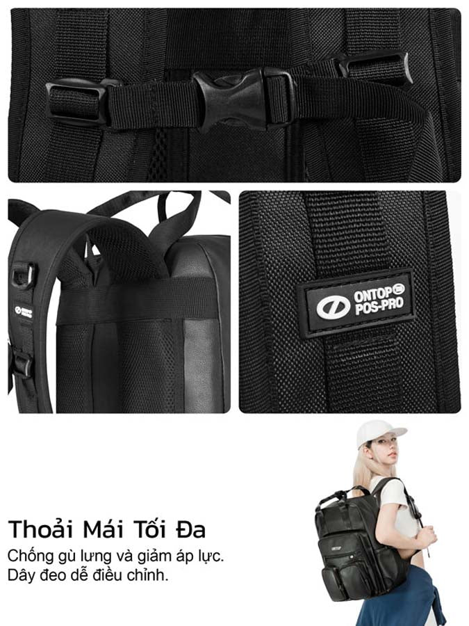 Black backpack with multiple views and a person wearing it, featuring the 'ONTOP' brand.