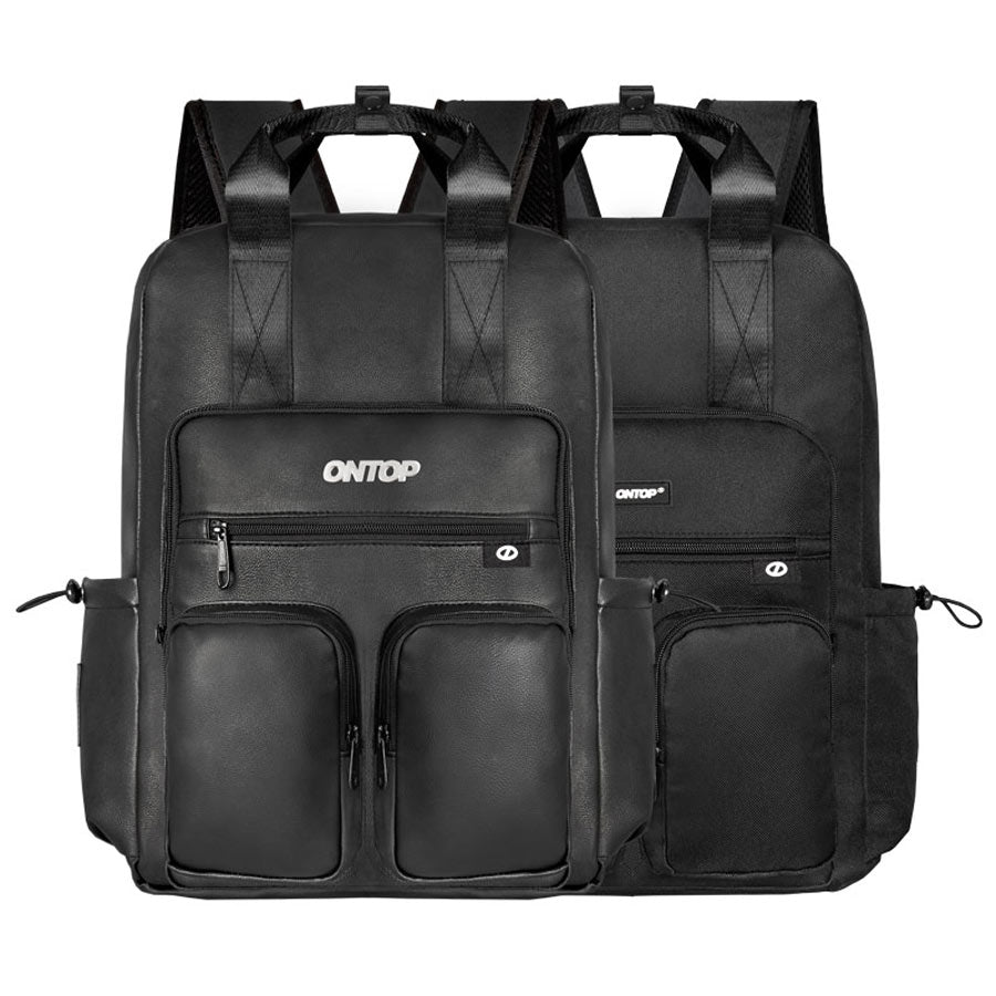 Two black backpacks with 'ONTOP' branding on a white background