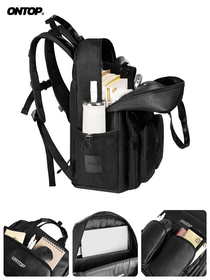Black backpack with multiple compartments and items, featuring the brand 'ONTOP'.