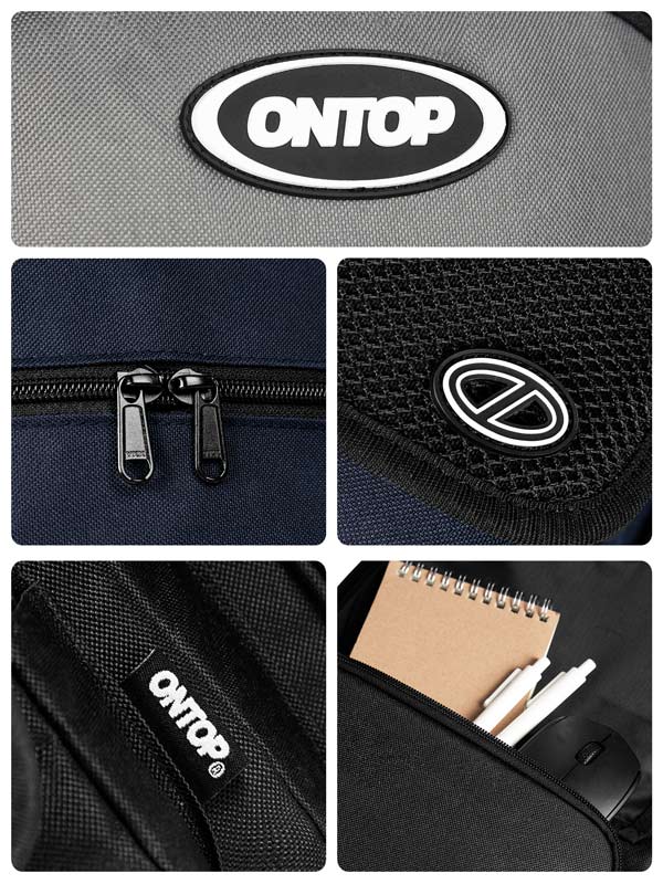 Collage of ONTOP branded bags and accessories with close-up details.