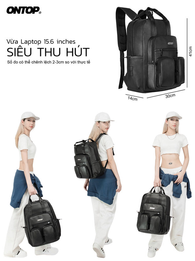 Black backpack with measurements and a person carrying it, featuring the brand 'ONTOP'.