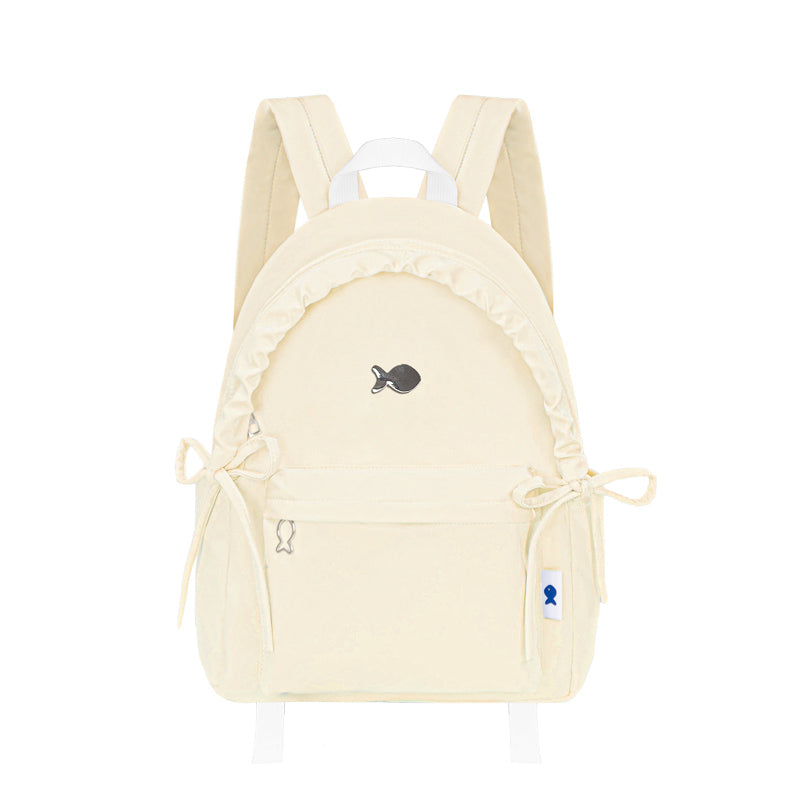 Light yellow backpack with a small logo on a white background