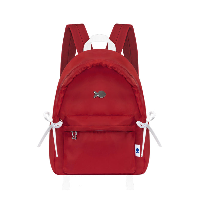 Red backpack with white drawstrings on a white background