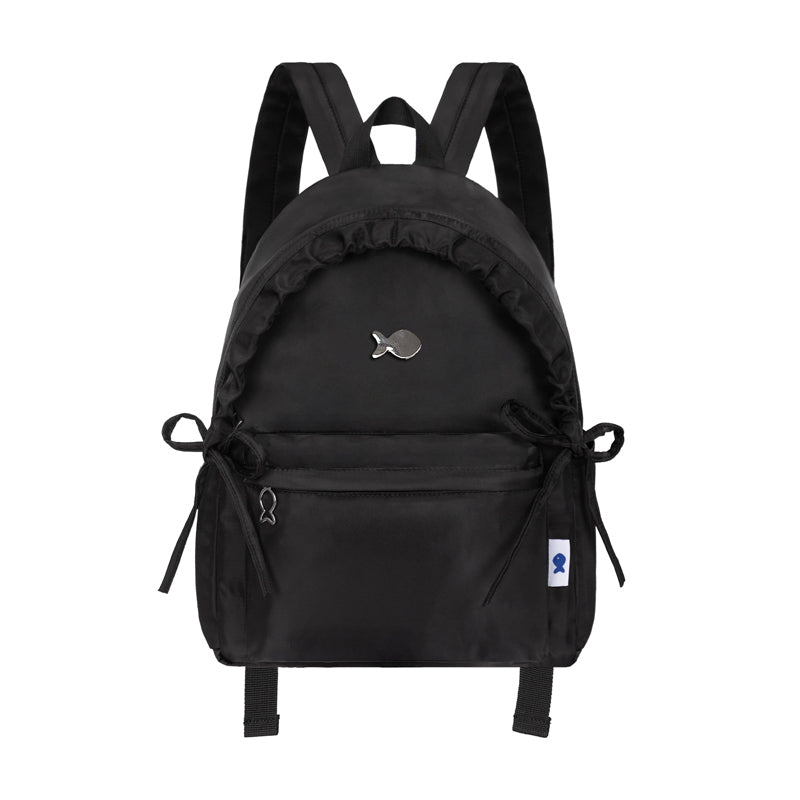Black backpack with brand logos on a white background