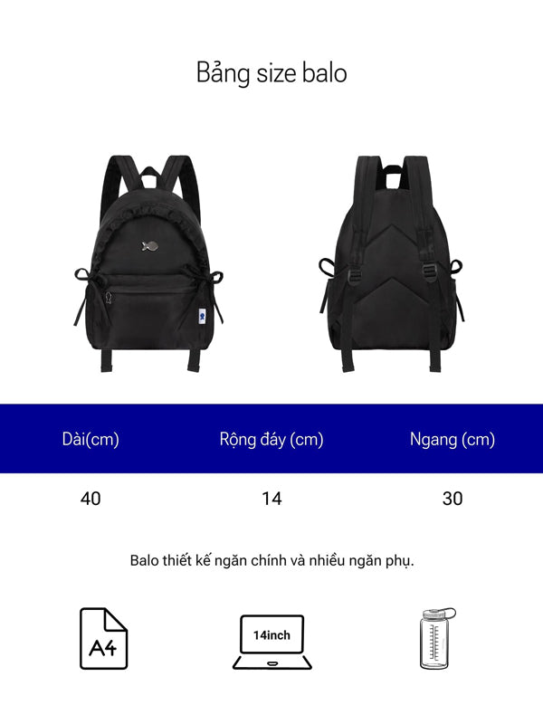 Black backpack with dimensions and capacity indicators on a white background