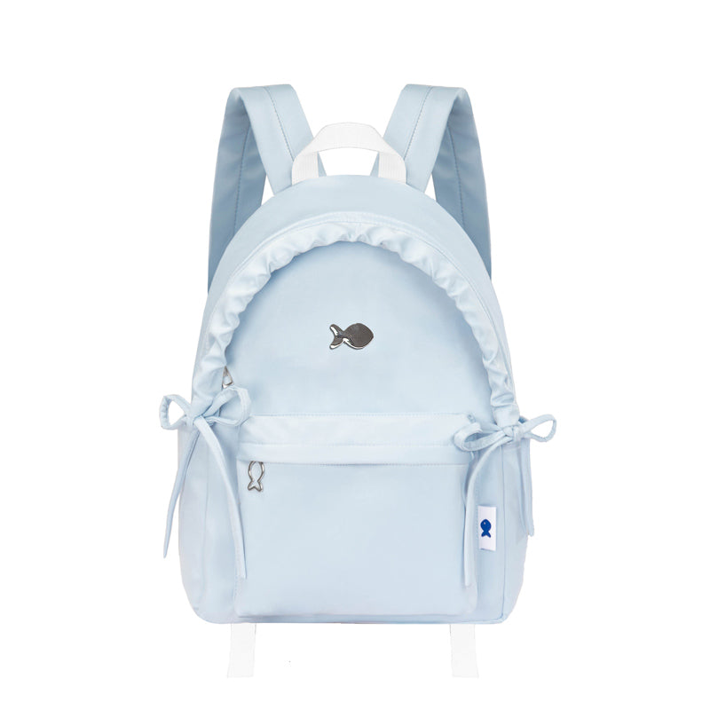 Light blue backpack with decorative elements on a white background