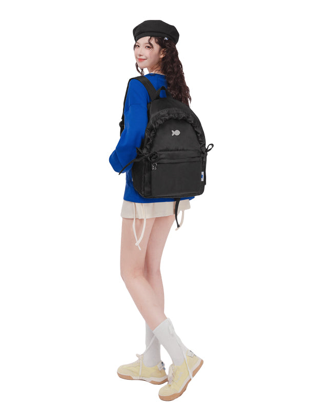 Person wearing a black backpack on a white background