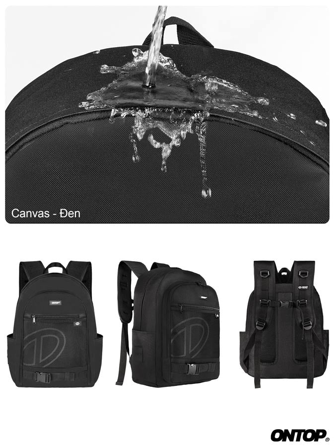 Black backpack with water splash effect and ONTOP branding