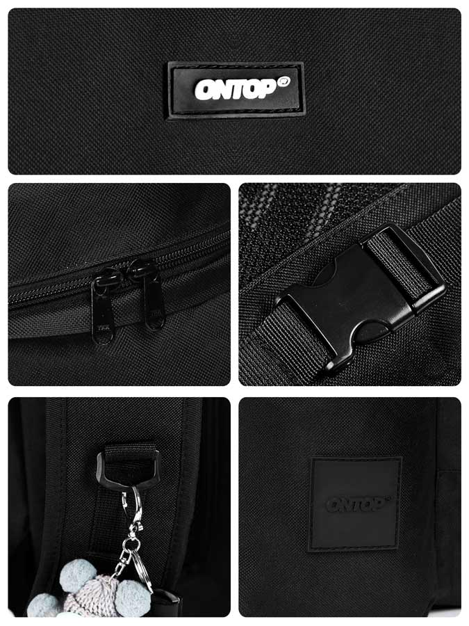 Black bag with 'ONTOP' branding, showing details like zipper, buckle, and keychain.