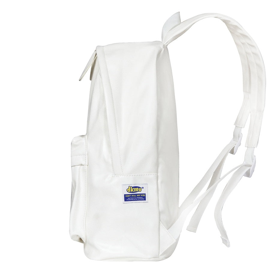 White backpack with a visible brand logo on a white background