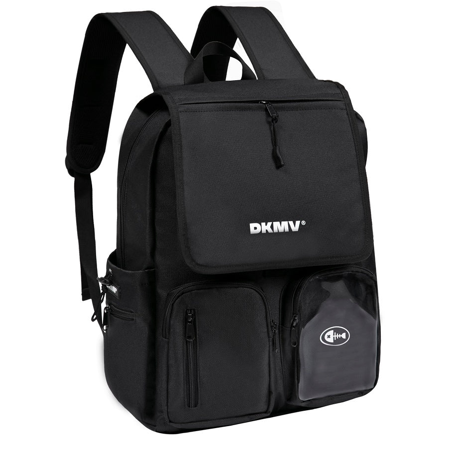 Black backpack with visible 'DKMV' logo on a white background