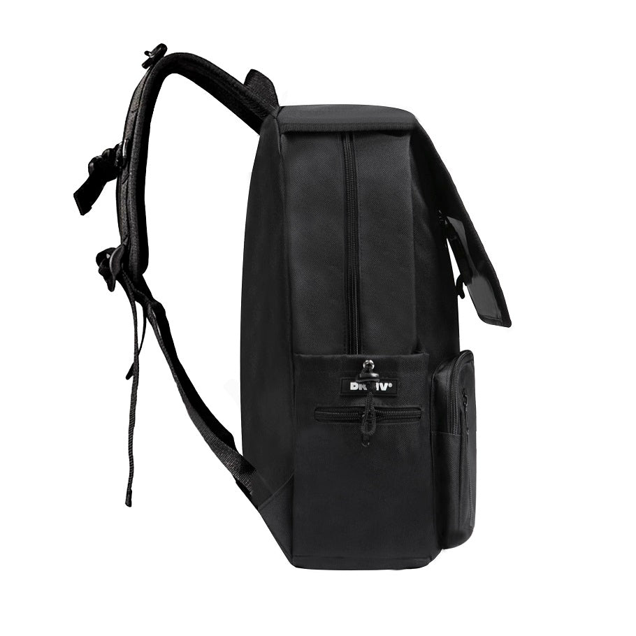 Black backpack with visible brand logo on a white background