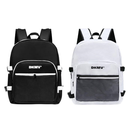 Black and white backpacks with 'DKMV' branding on a white background