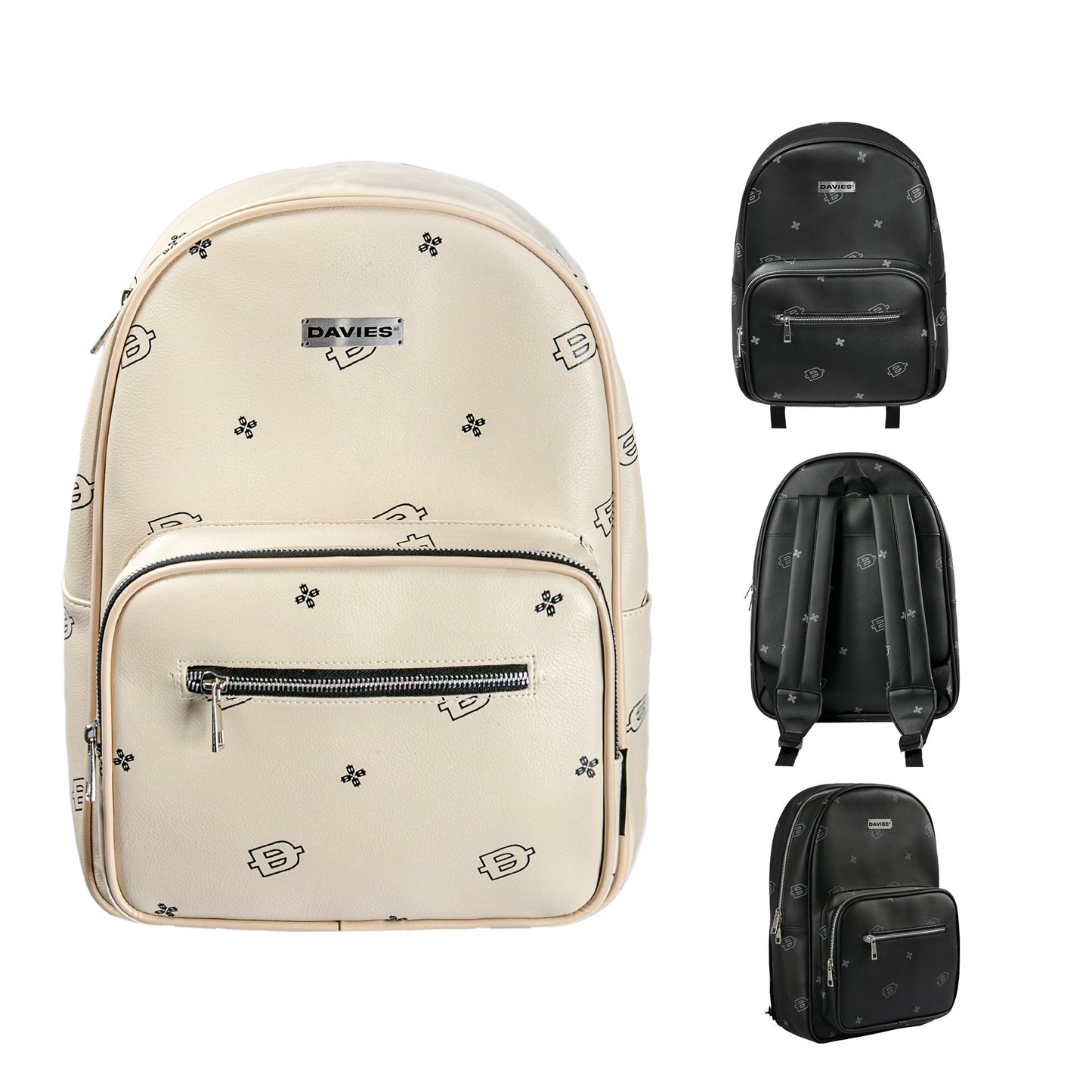 Beige backpack with black patterns and 'DAVIES' branding, shown from multiple angles on a white background.