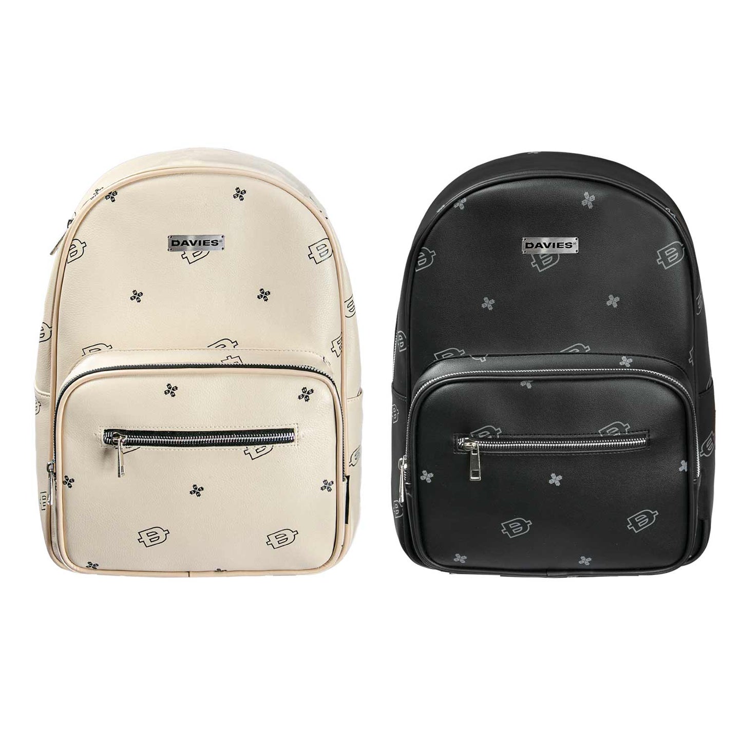 Two backpacks, one beige and one black, with a visible brand logo on a white background.
