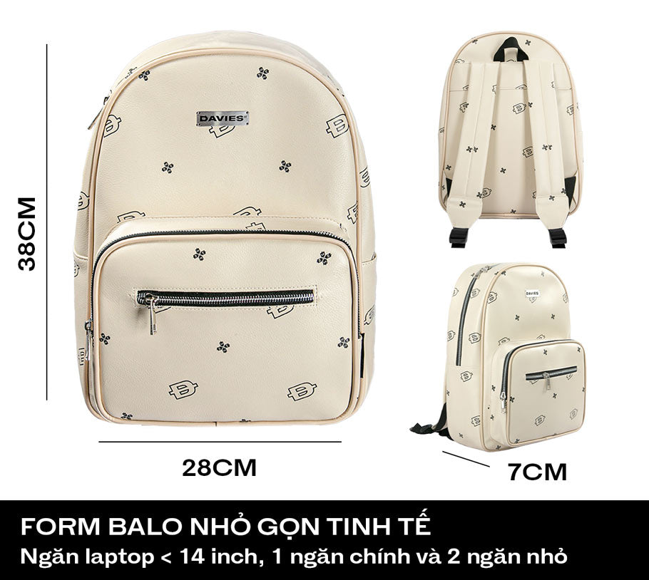 Beige backpack with black patterns and measurements on a white background