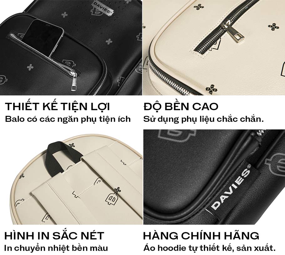 Collage of black and beige bags with Davies branding, focusing on design and quality features.